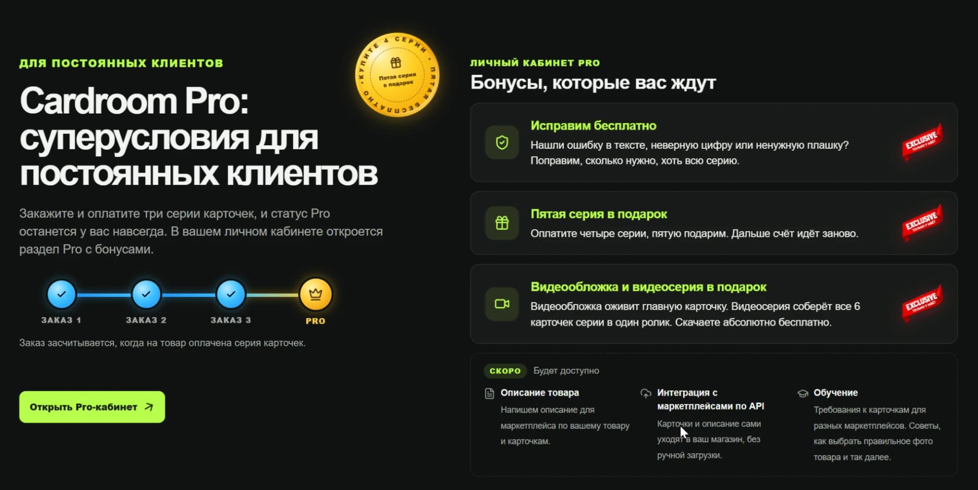 Бонусы Cardroom Pro: бесплатные правки, пятая серия в подарок, видеообложка и видеосерия, скоро описание товара, интеграция с маркетплейсами и обучение