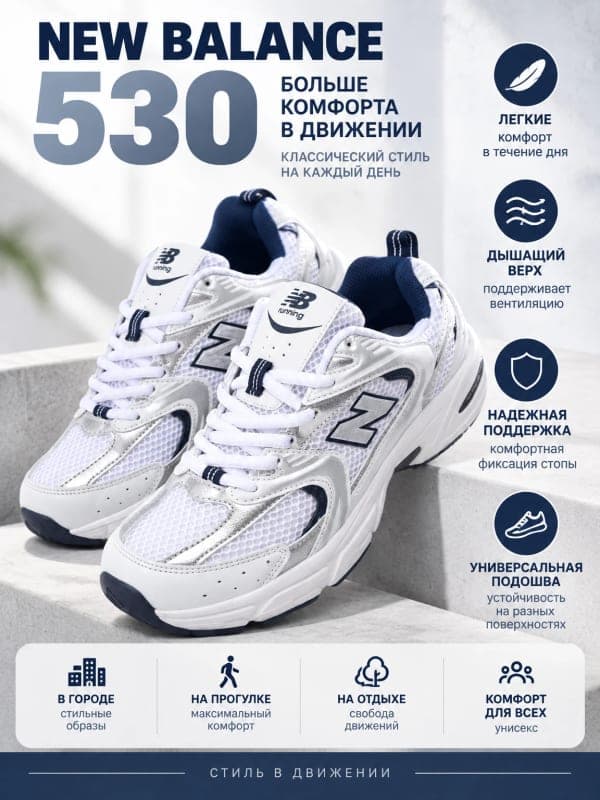 Кроссовки New Balance 530: инфографика для карточки товара Wildberries и Ozon