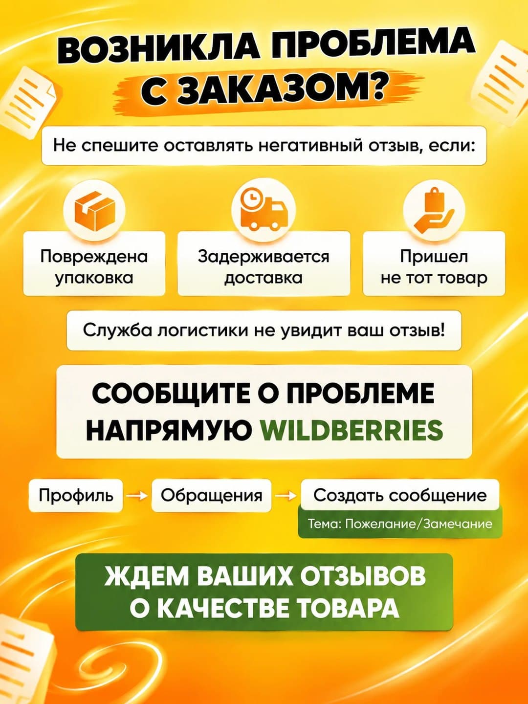 Карточка товара для маркетплейса: Служебная карточка: что делать при проблеме с заказом