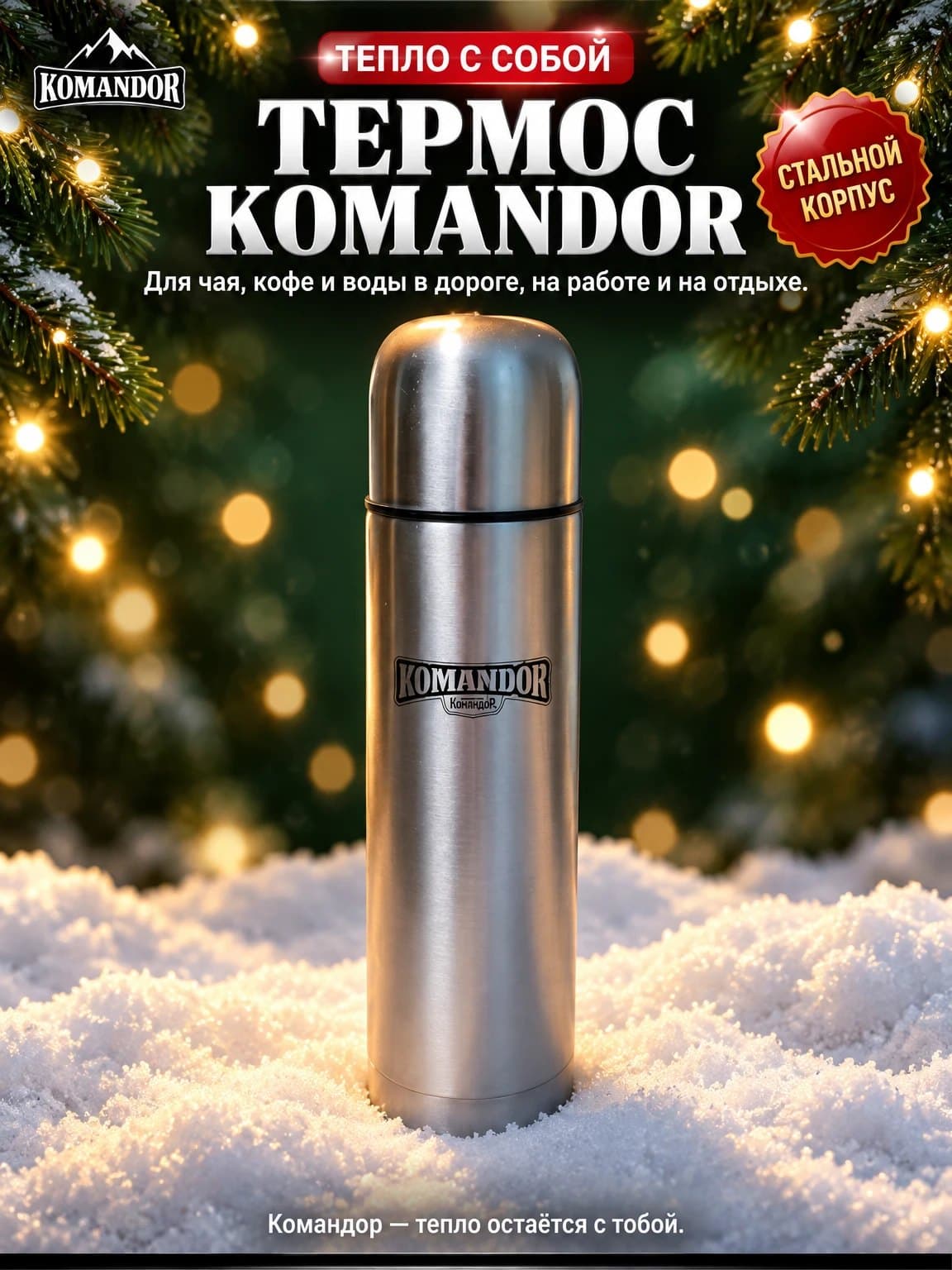 Карточка товара для маркетплейса: Термос Komandor в новогоднем дизайне, карточка 1 из 6