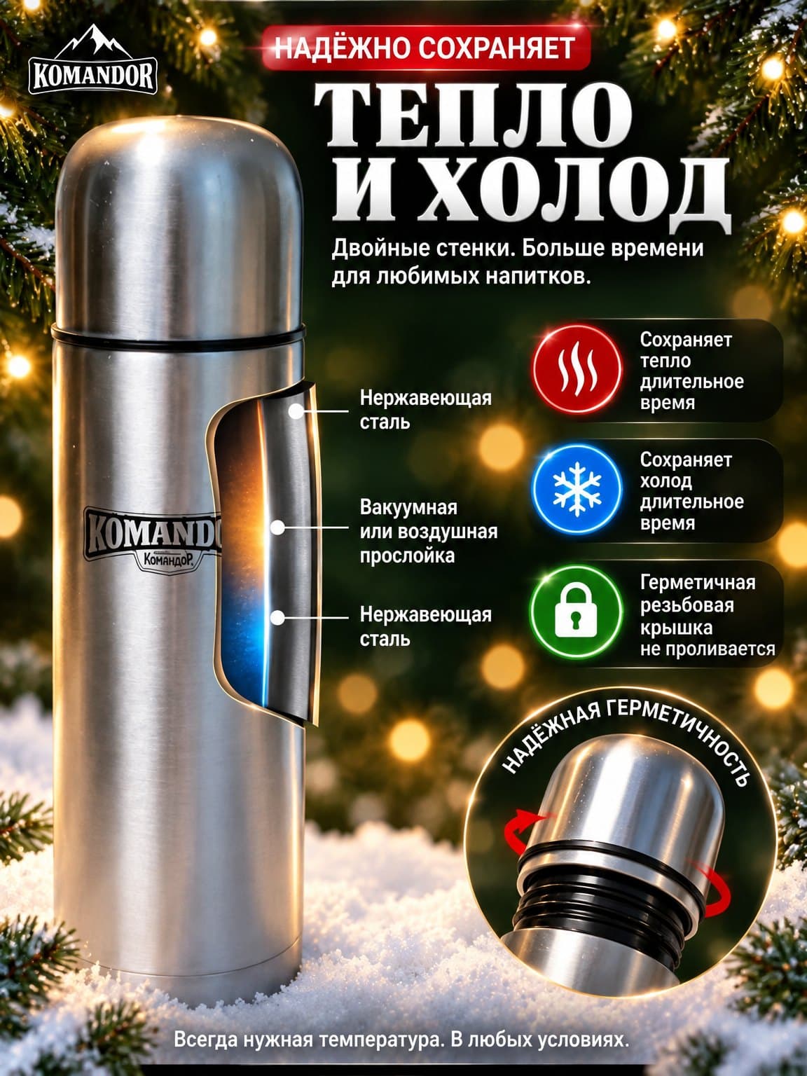 Карточка товара для маркетплейса: Термос Komandor в новогоднем дизайне, карточка 2 из 6