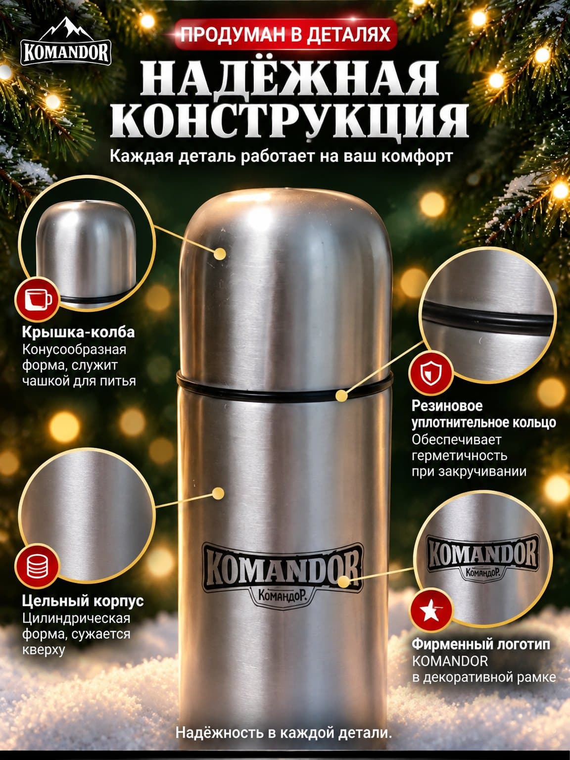 Карточка товара для маркетплейса: Термос Komandor в новогоднем дизайне, карточка 3 из 6