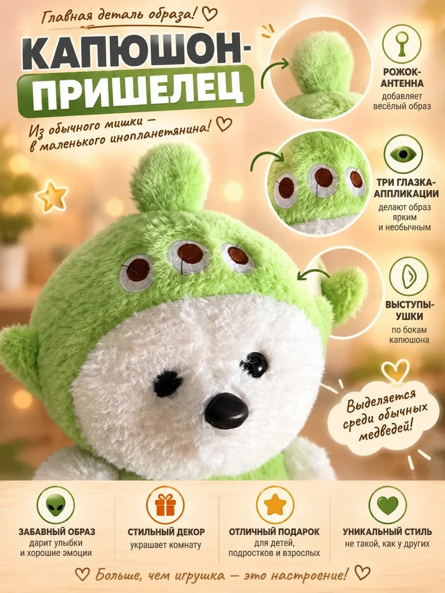 Карточка товара для маркетплейса: Мягкая игрушка, карточка 2 из 6: Капюшон-пришелец