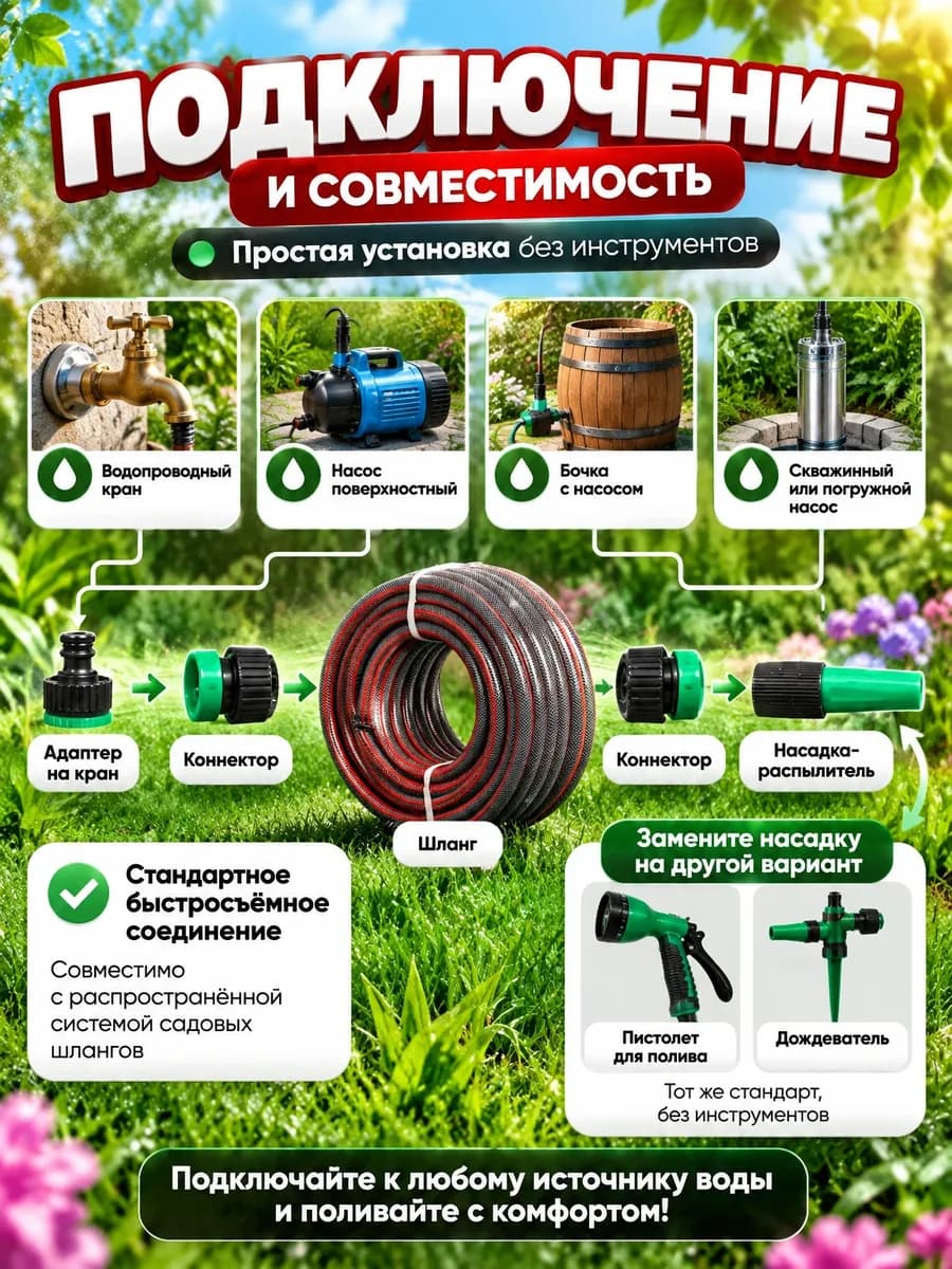 Карточка товара для маркетплейса: Шланг, карточка 4 из 6: Подключение и совместимость