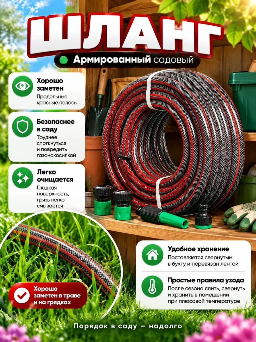 Карточка товара для маркетплейса: Шланг, карточка 6 из 6: Заметность, уход и хранение