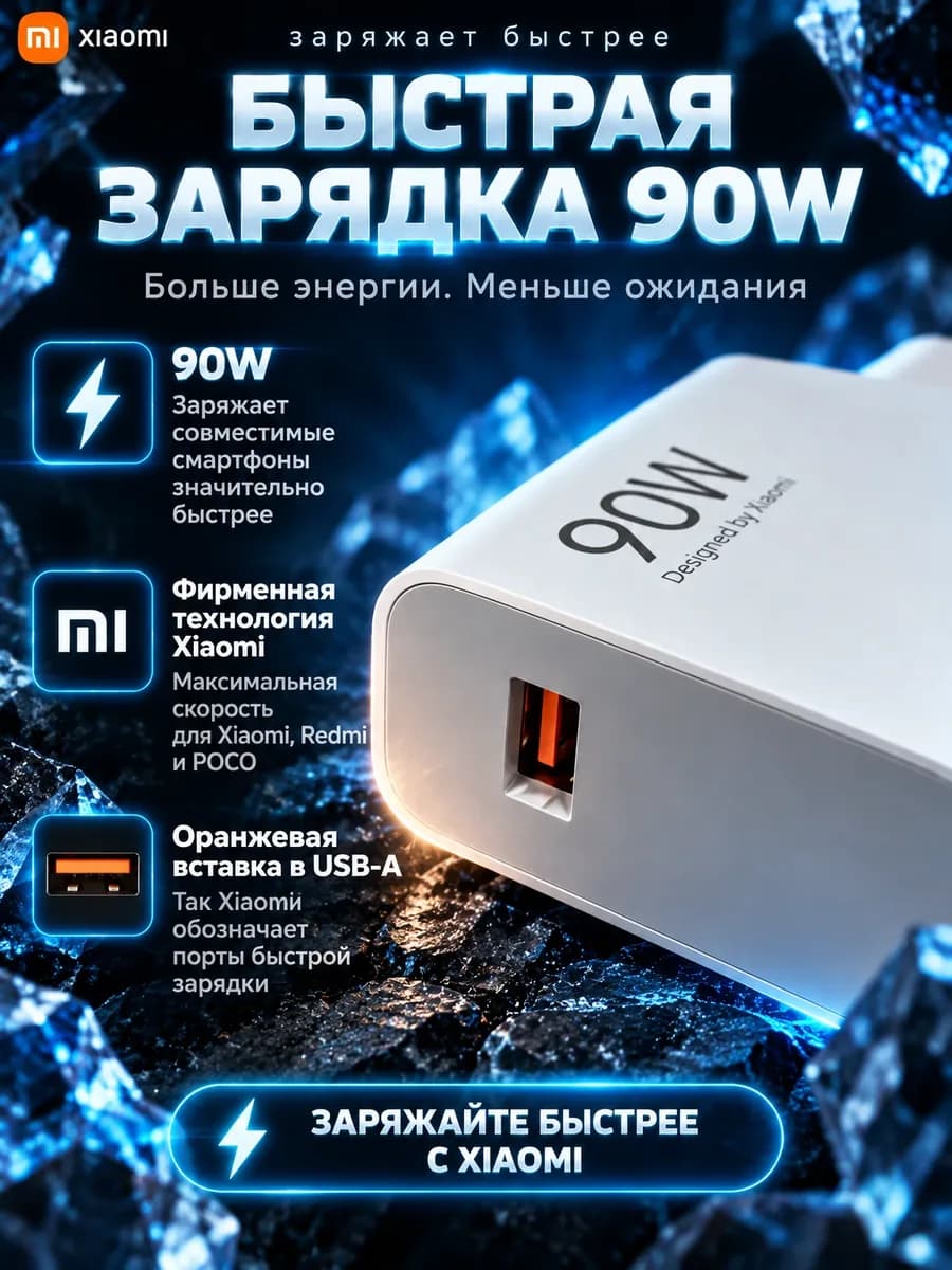 Карточка товара для маркетплейса: Зарядное устройство Xiaomi 90W, карточка 2 из 6: Быстрая зарядка