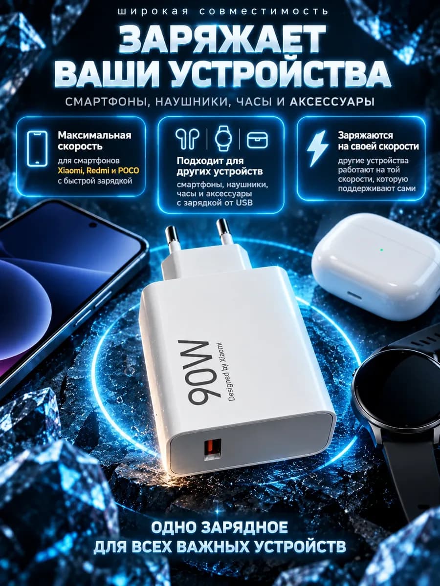 Карточка товара для маркетплейса: Зарядное устройство Xiaomi 90W, карточка 3 из 6: Совместимость с устройствами