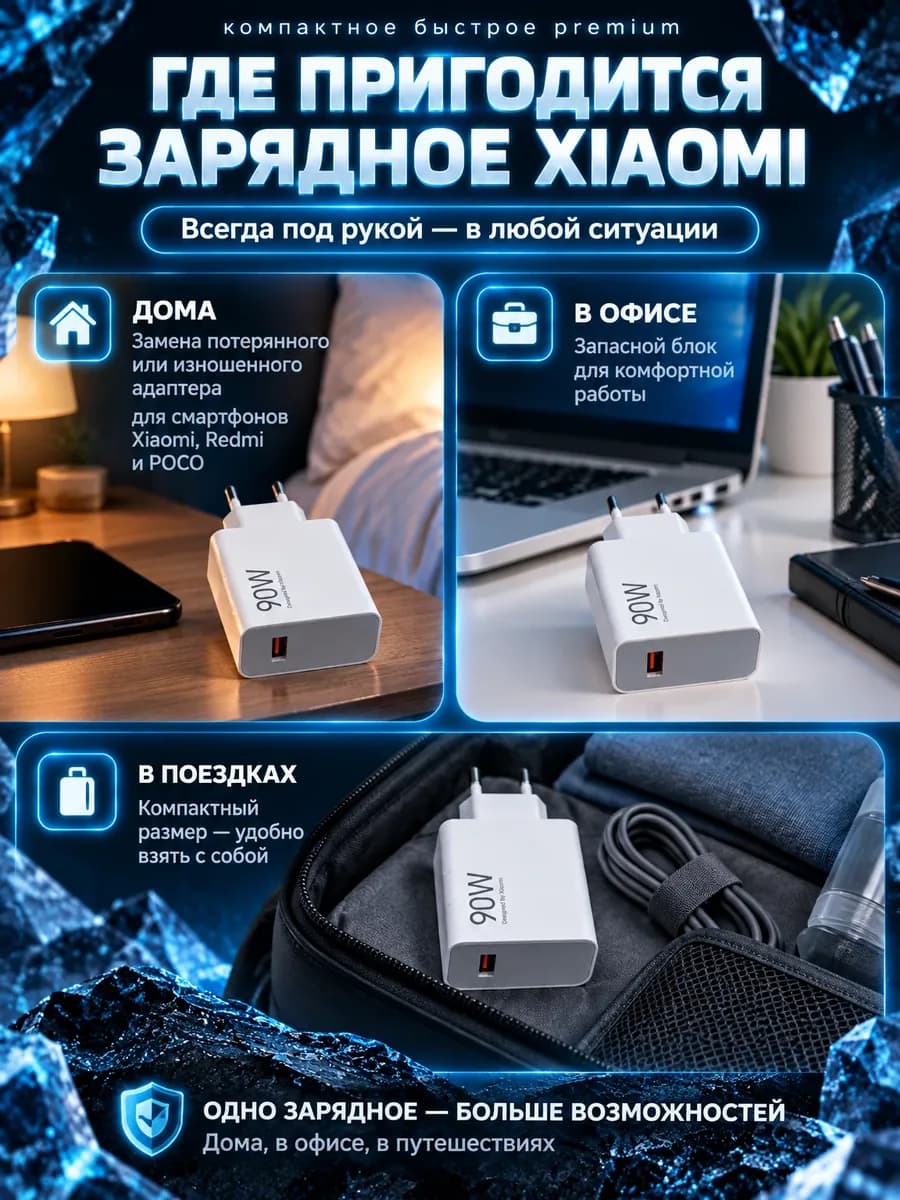 Карточка товара для маркетплейса: Зарядное устройство Xiaomi 90W, карточка 6 из 6: Где пригодится